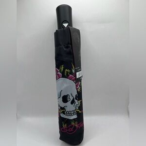Ed Hardy Skull Print Automatic Open Automatic Close Compact Umbrella lBlack NWT